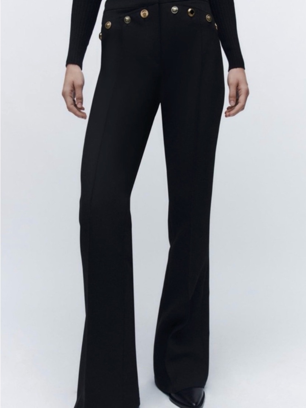 Zara High-Waist Flare Pants with Accent Metal Buttons